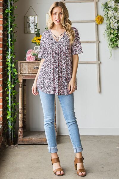 Heimish Plus Size Crisscross Babydoll Top – Women’s Animal Print Short Sleeve Blouse for Summer