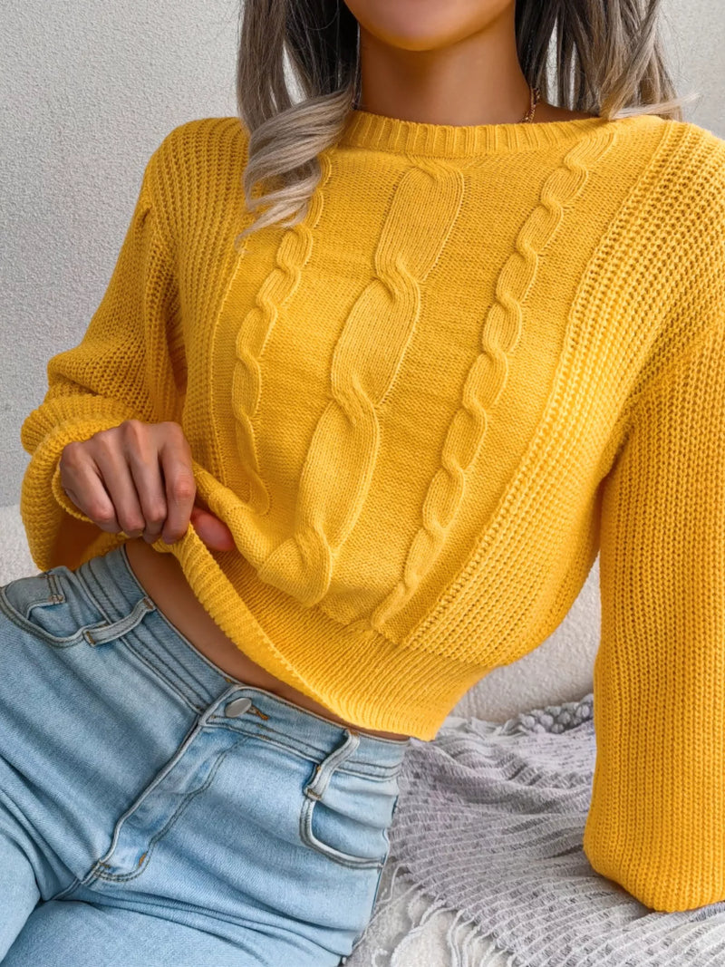 Women's Cropped Cable Knit Sweater | Crewneck Top