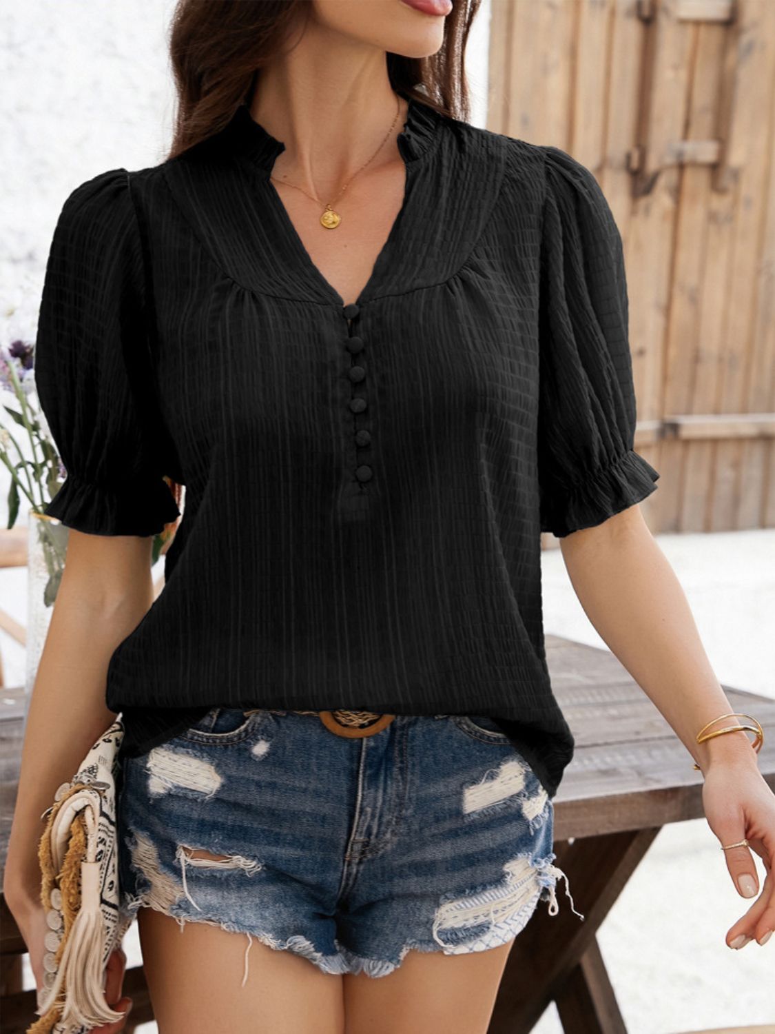 Women’s Devine Frill Notched Short Sleeve Blouse – Ruffled V-Neck Top for Casual & Office Wear