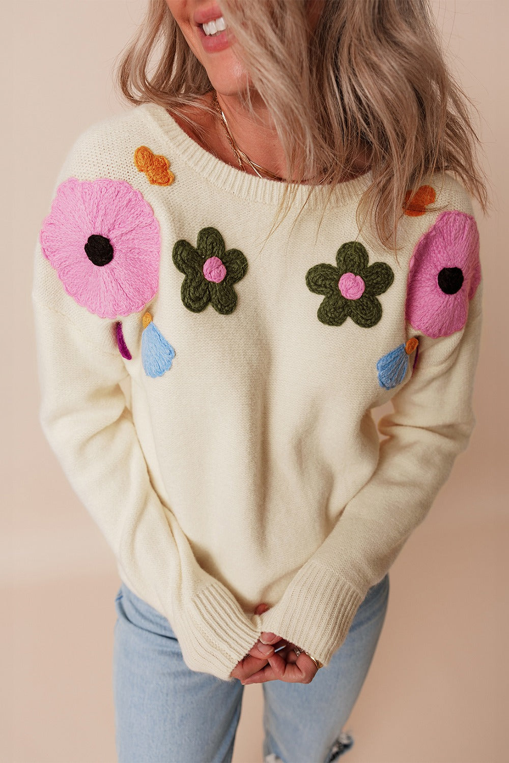 Crochet Flower Round Neck Dropped Shoulder Sweater Trandify Deal
