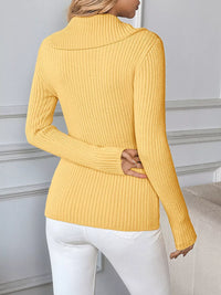 Women's asymmetrical ribbed button up cardigan in yellow, cozy chic style.