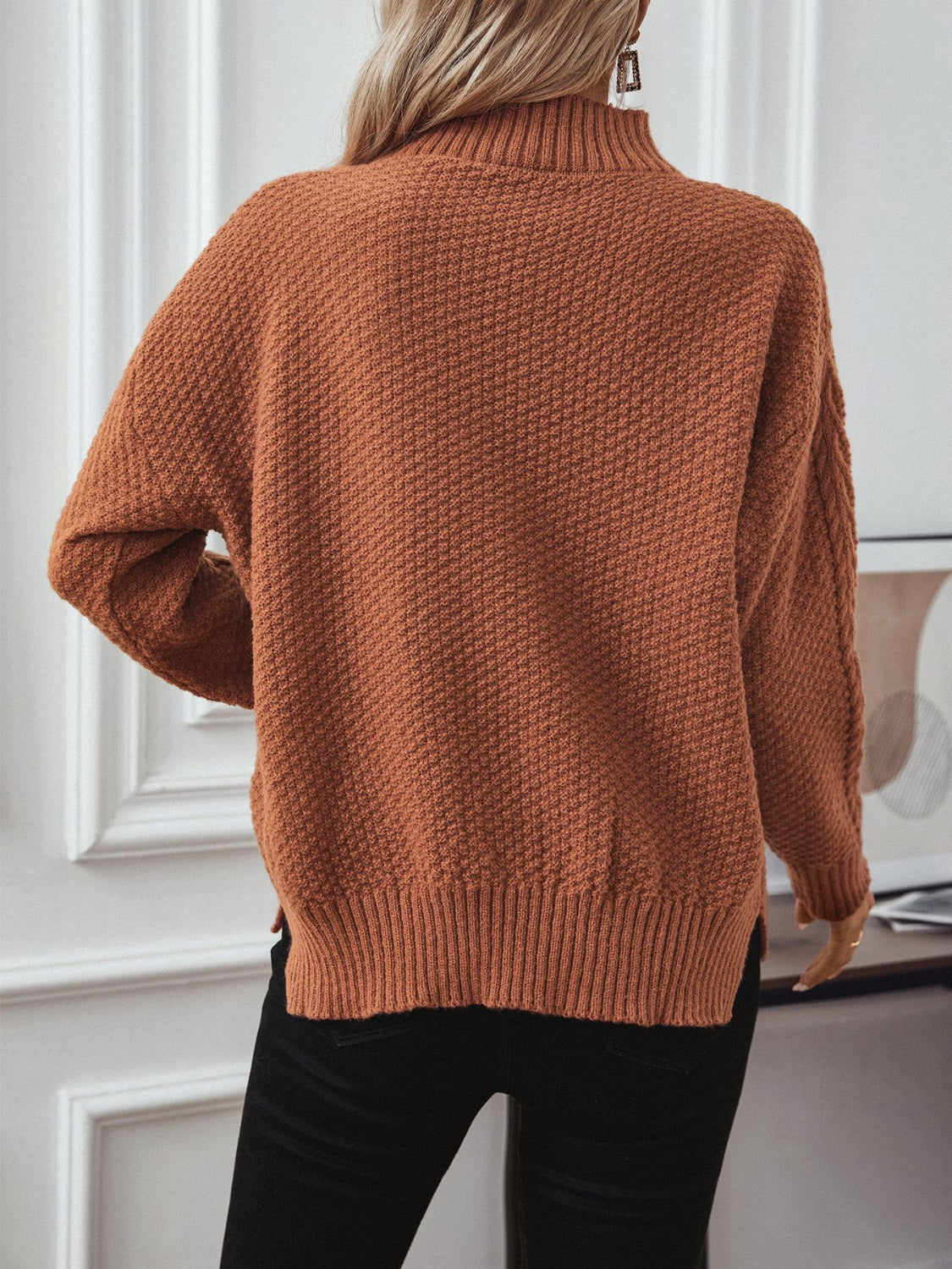 Cable-Knit Mock Neck Long Sleeve Sweater Trandify Deal