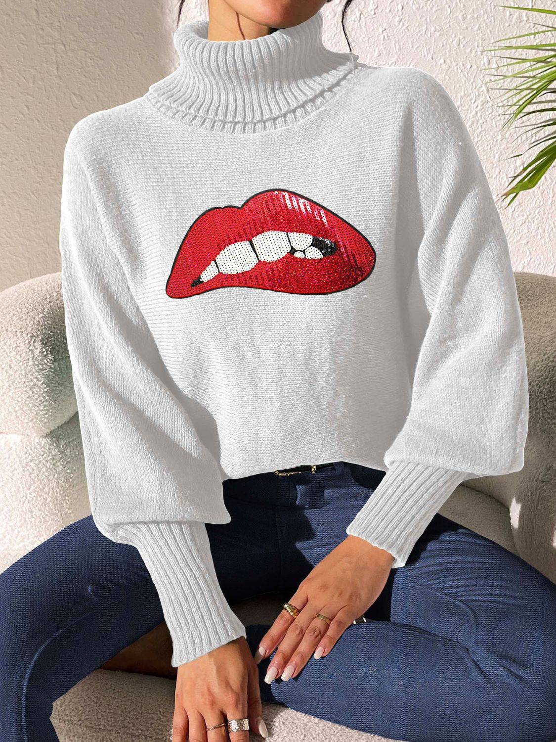 Lip Turtleneck Long Sleeve Sweater Trandify Deal