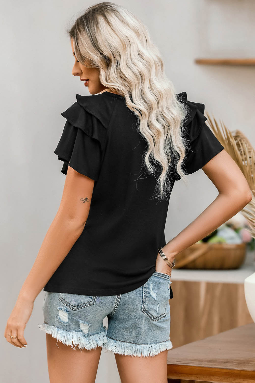 USA Round Neck Flounce Sleeve Top - Trandify Deal