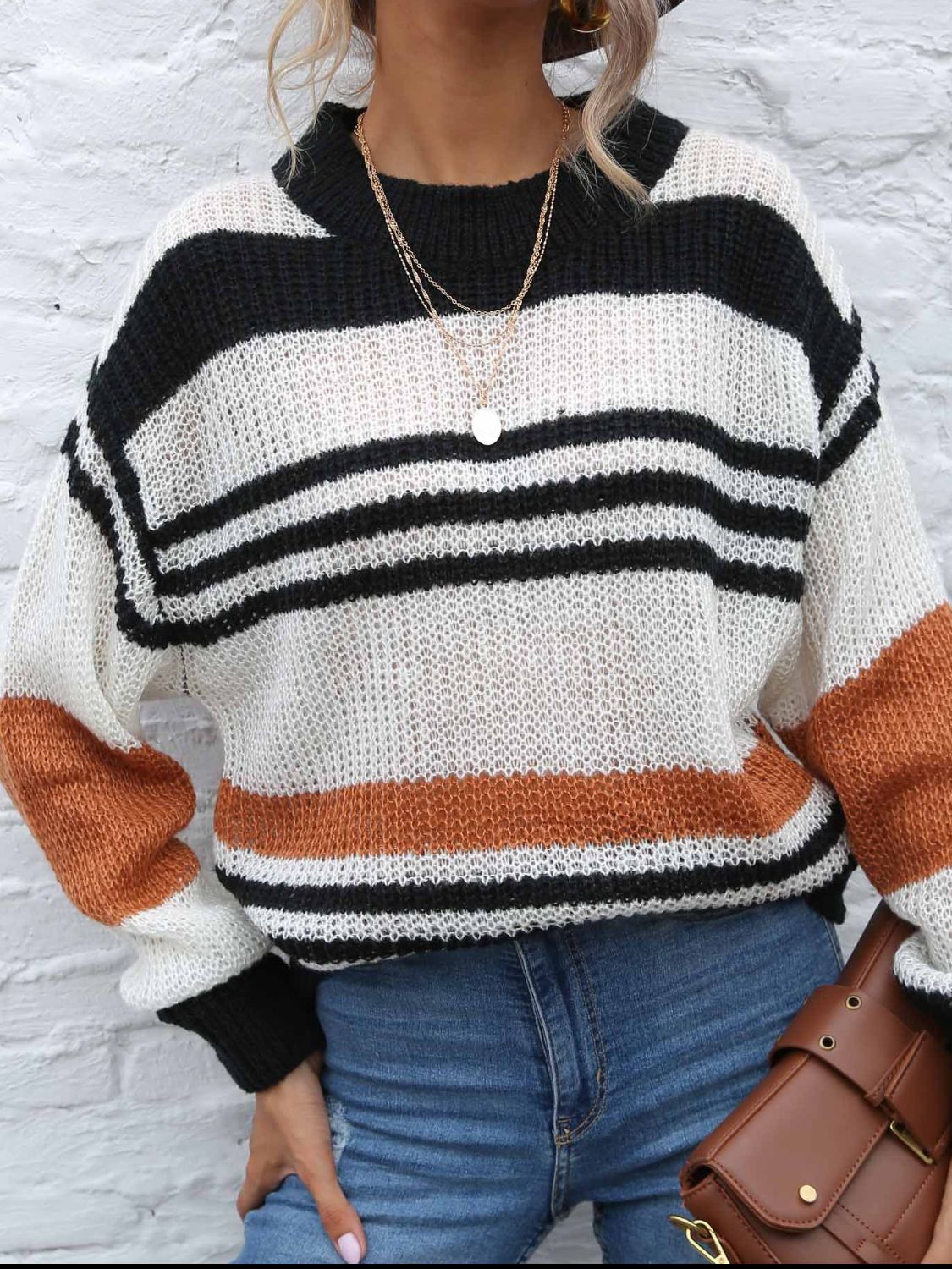 Contrast Striped Round Neck Long Sleeve Sweater Trandify Deal