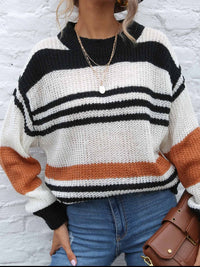 Contrast Striped Round Neck Long Sleeve Sweater Trandify Deal