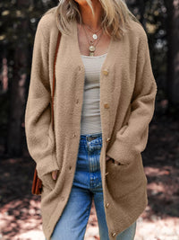 Women's Fuzzy Button Front Cardigan with Pockets - Cozy & Cute