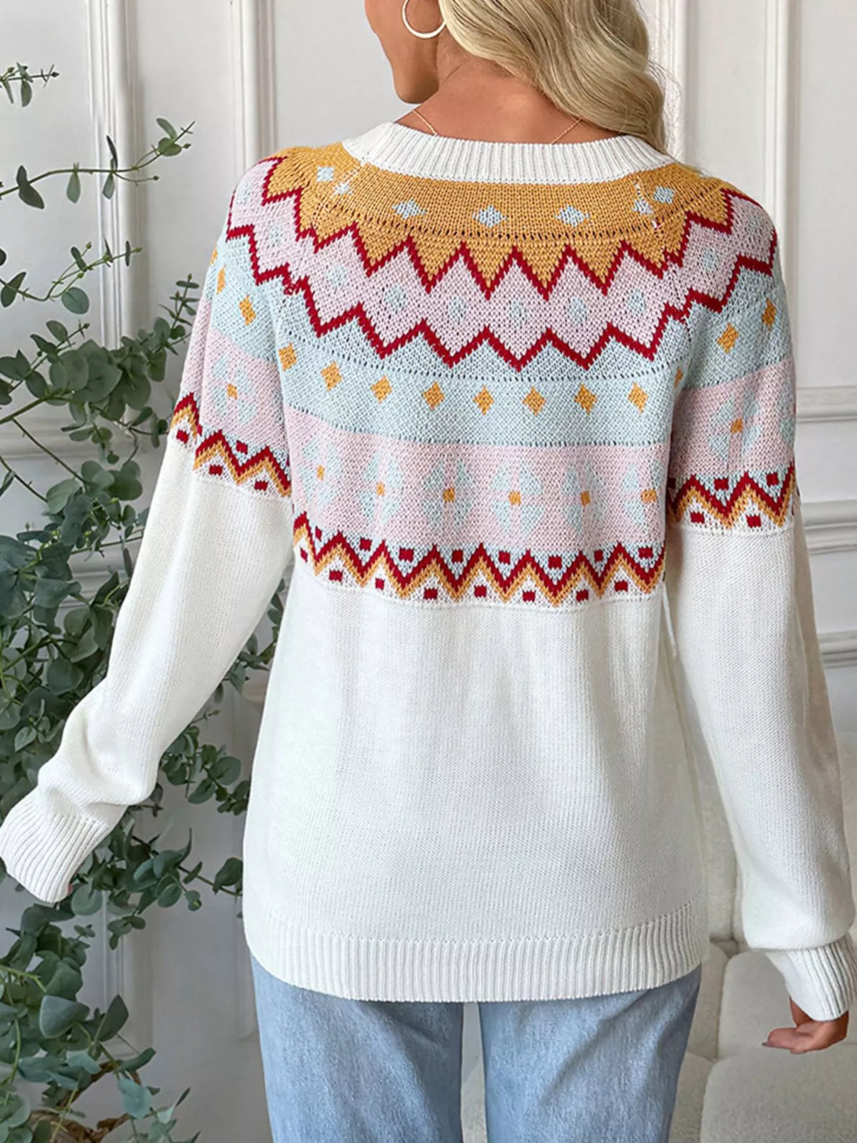 Cozy fall sweater for women in White, soft acrylic knit, long sleeve round neck top.