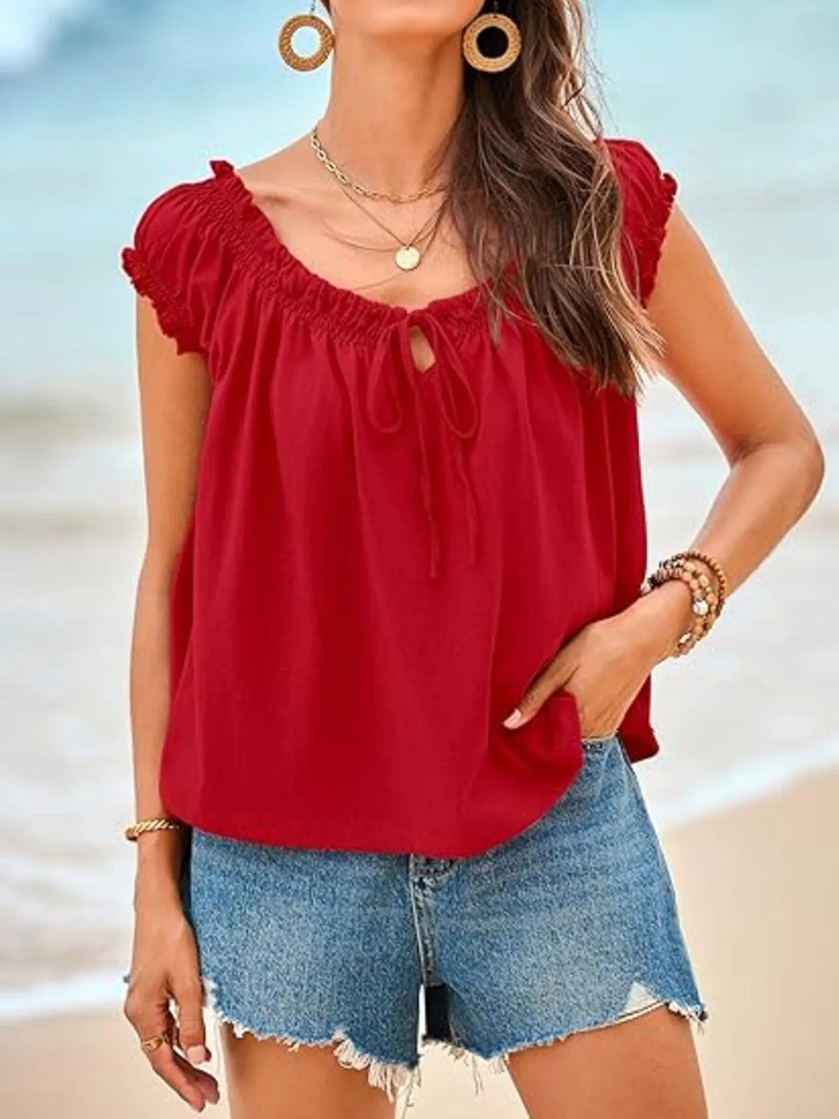Women’s Tie-Front Smocked Blouse in Red – Boho Chic Ruffled Sleeve Top for Summer