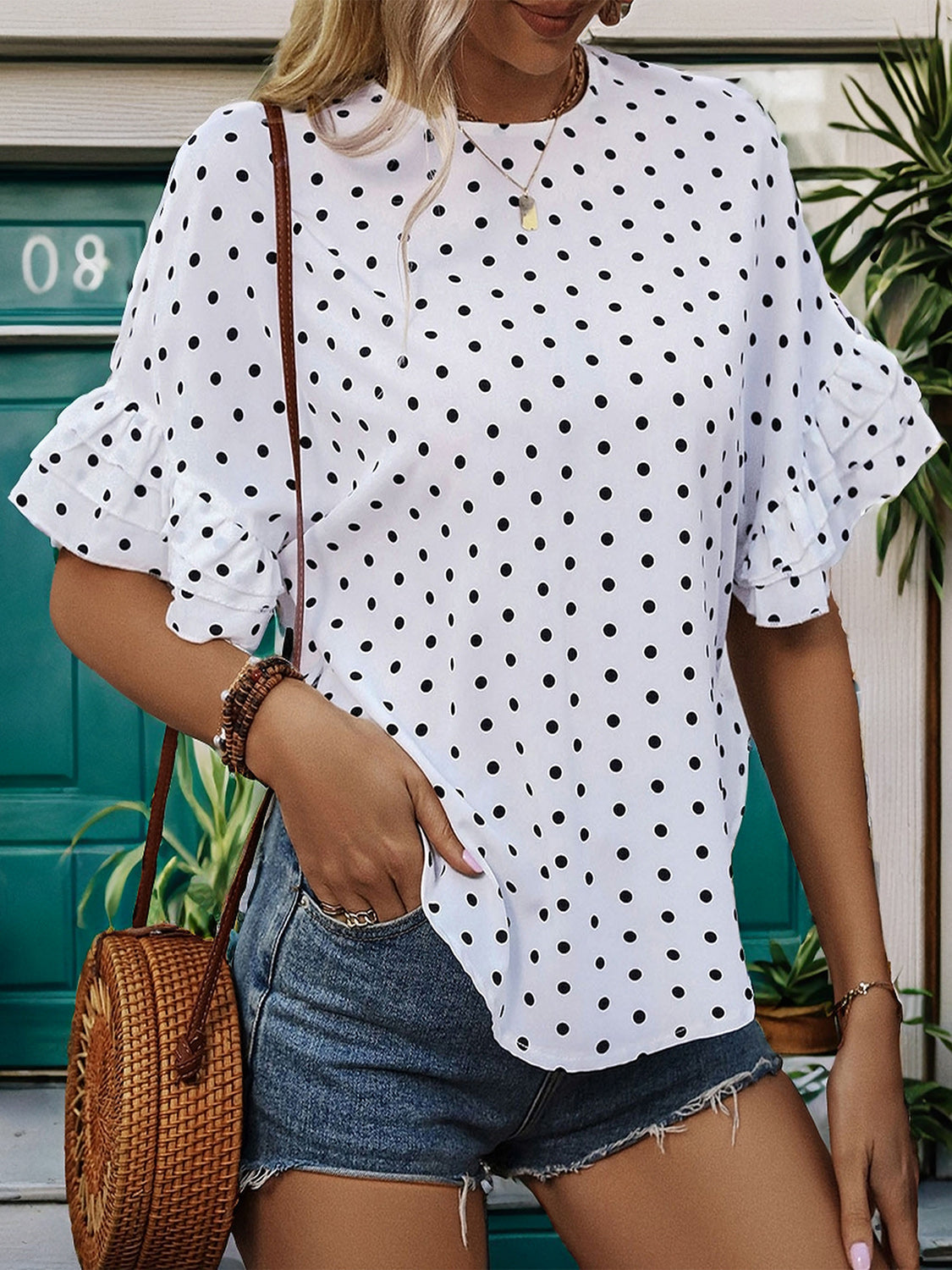 Perfee Slit Polka Dot Round Neck Half Sleeve Blouse Trandify deal