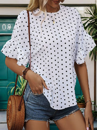 Perfee Slit Polka Dot Round Neck Half Sleeve Blouse Trandify deal