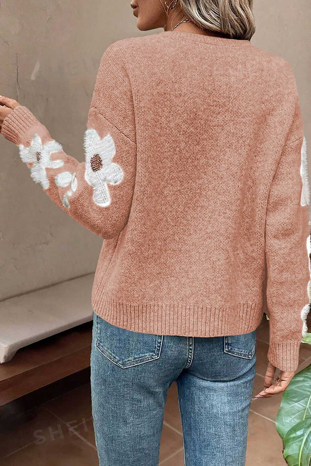 Flower Round Neck Long Sleeve Sweater Trandify Deal