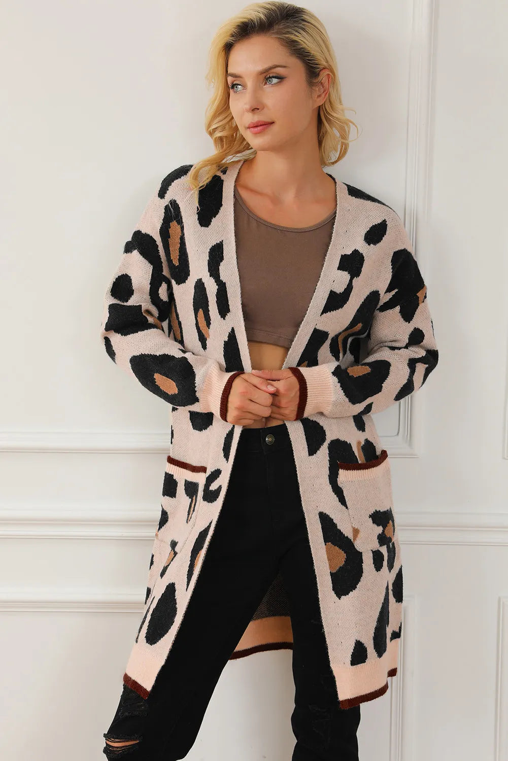 Leopard Open Front Long Sleeve Cardigan Trandify Deal