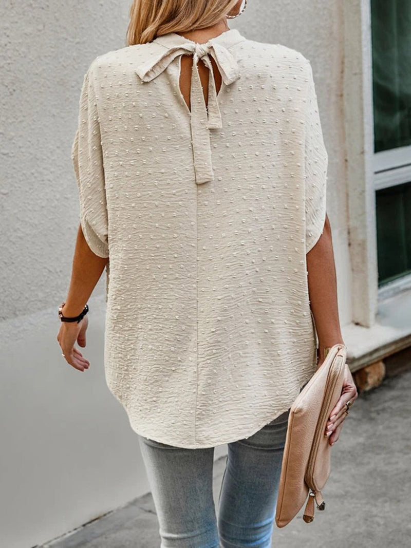 Swiss Dot Mock Neck Half Sleeve Blouse Trandify deal