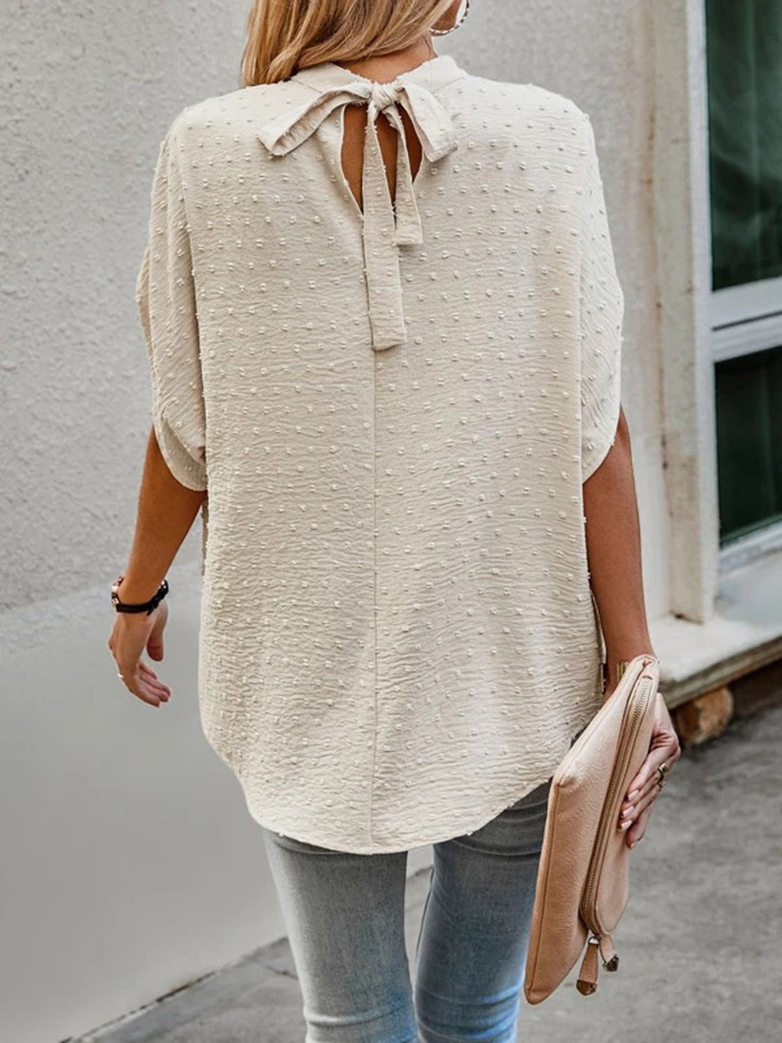 Swiss Dot Mock Neck Half Sleeve Blouse Trandify deal