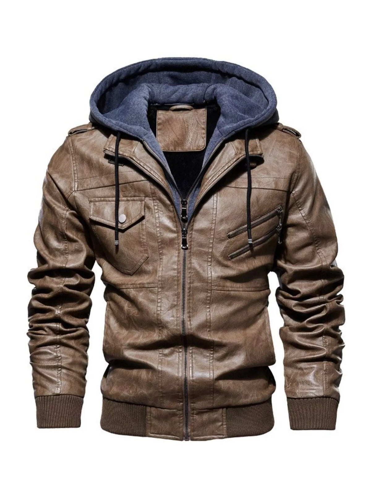 men's zip up hooded jacket in Brown, thick PU leather streetwear coat