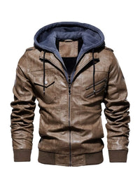 men's zip up hooded jacket in Brown, thick PU leather streetwear coat