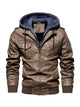men's zip up hooded jacket in Brown, thick PU leather streetwear coat