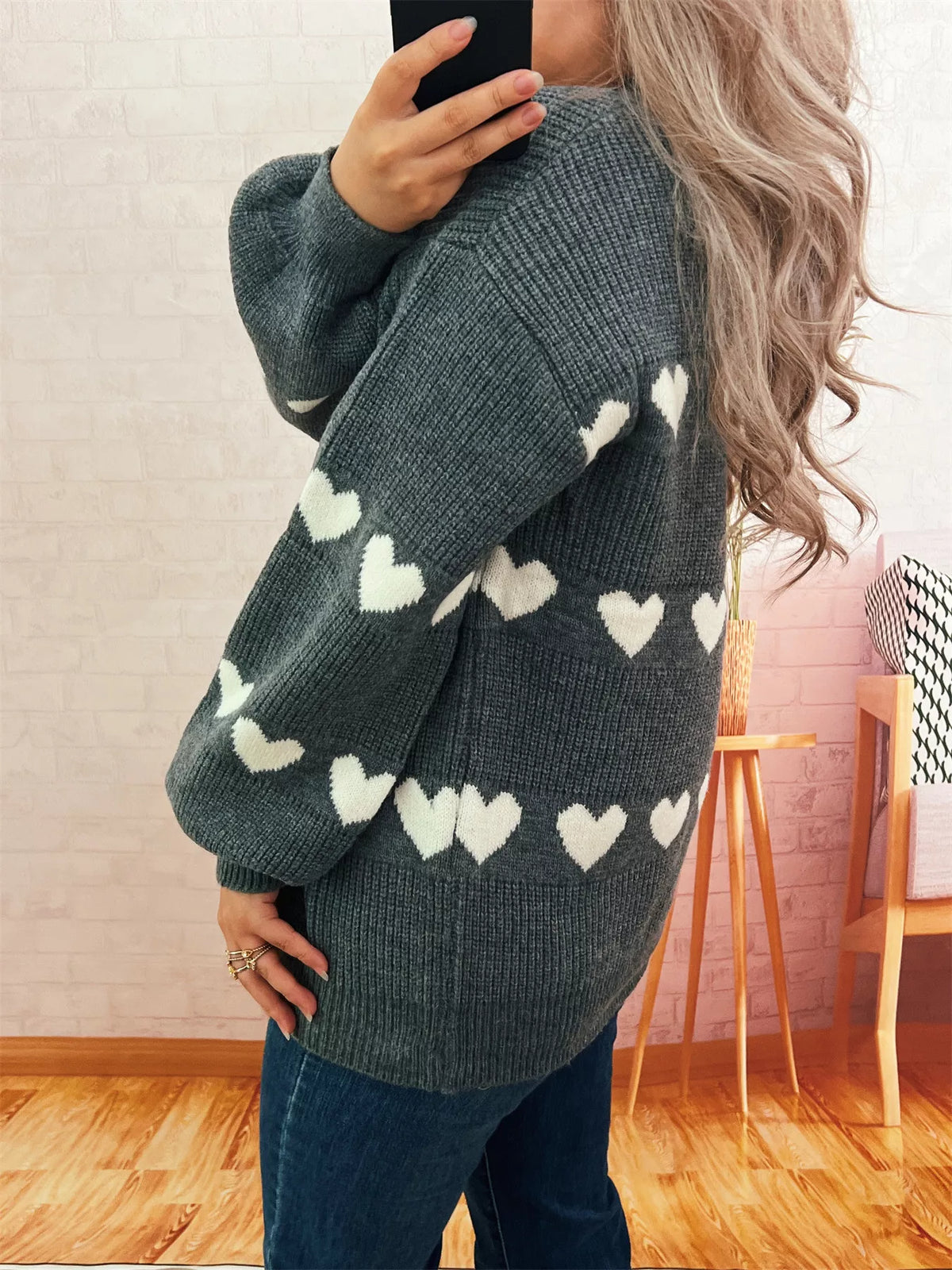 Women's Heart Pattern Sweater - Cute Dropped Shoulder Pullover