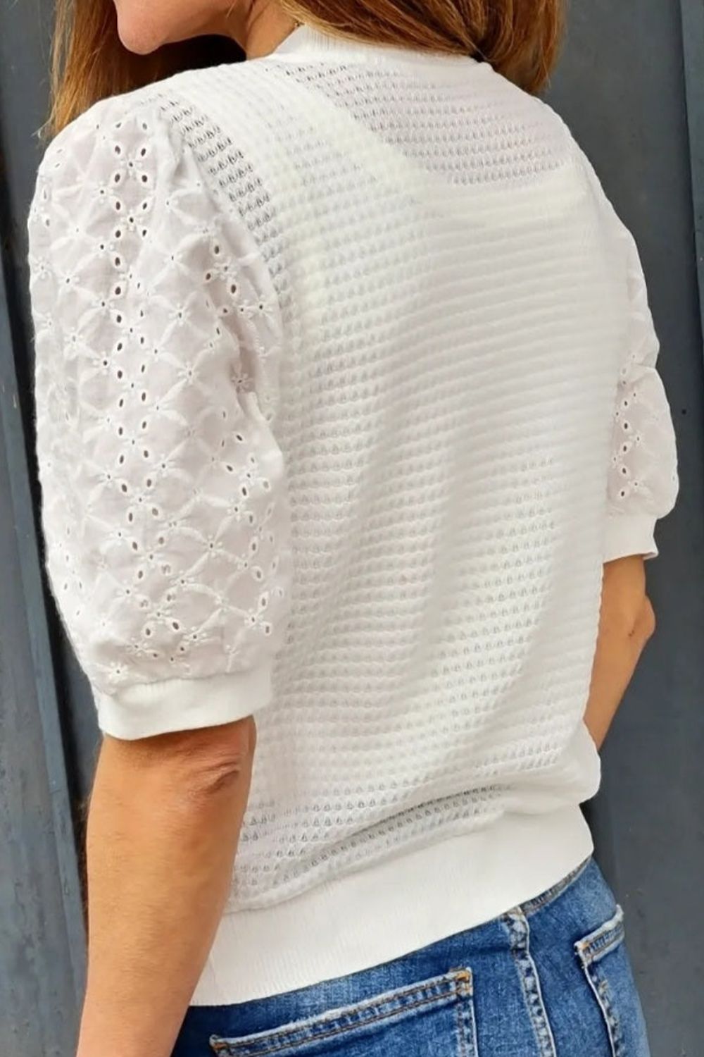 Eyelet Round Neck Half Sleeve Blouse - Trandify Deal