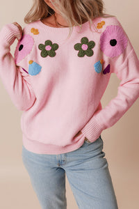 Crochet Flower Round Neck Dropped Shoulder Sweater Trandify Deal