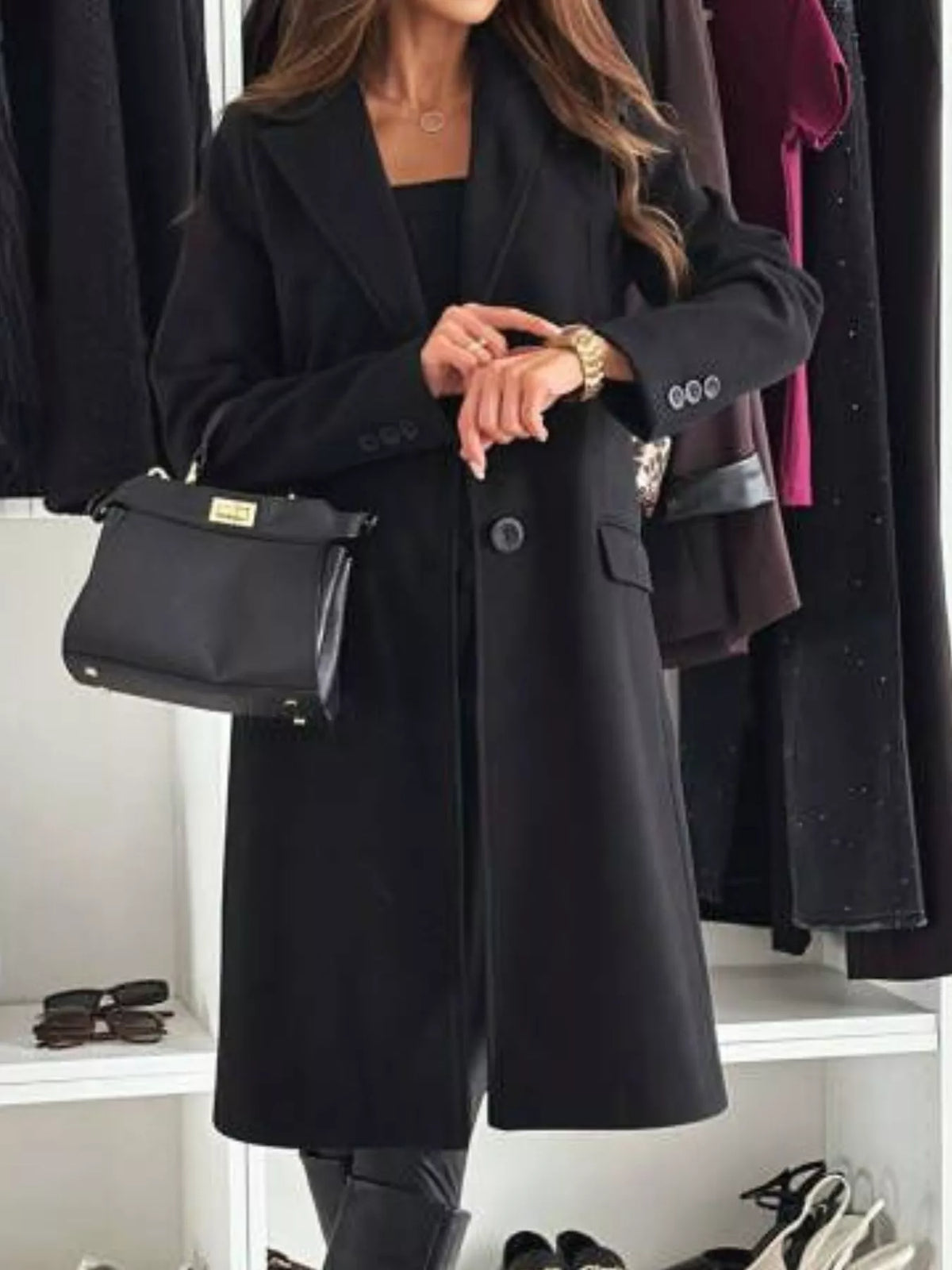 Women's Lapel Collar Long Sleeve Coat - Buttoned & Pocketed