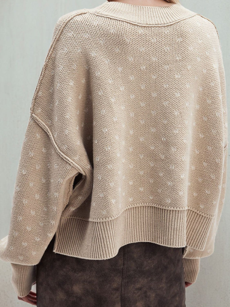 Slit Round Neck Long Sleeve Sweater Trandify Deal