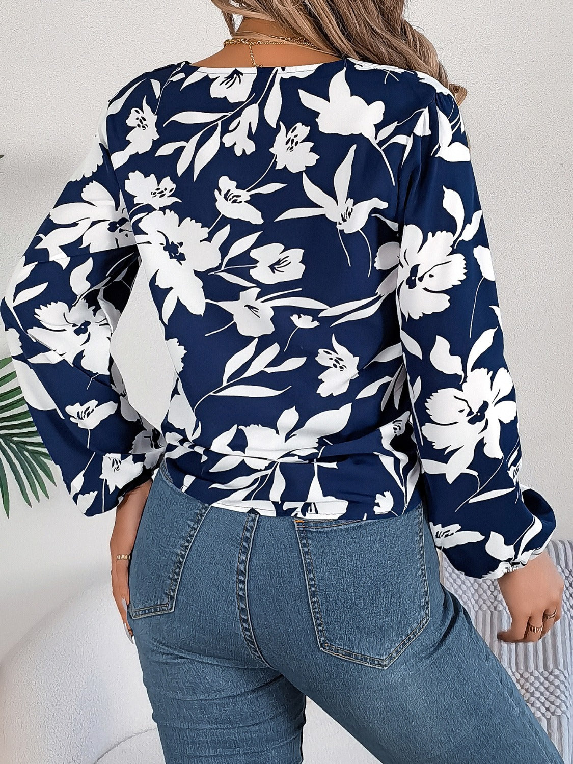 Printed V-Neck Long Sleeve Blouse Trandify deal