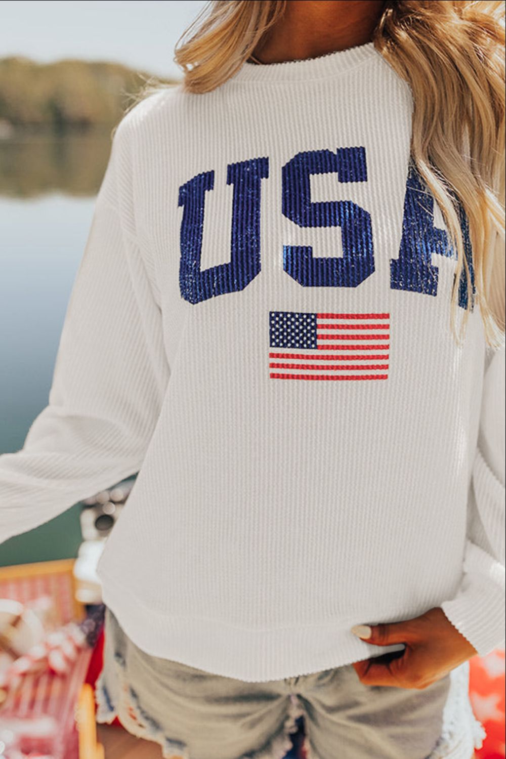 US Flag Corded Long Sleeve Sweatshirt Trandify Deal