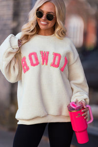 HOWDY Patched Round Neck Sherpa Sweatshirt Trandify Deal