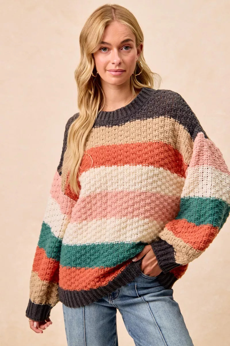 Oversized Color Block Sweater for Women | Chunky Knit Fall Top