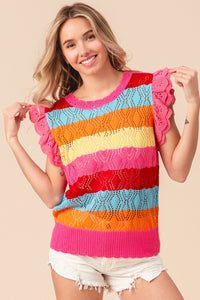 BiBi Pointelle Striped Ruffled Knit Top Trandify deal
