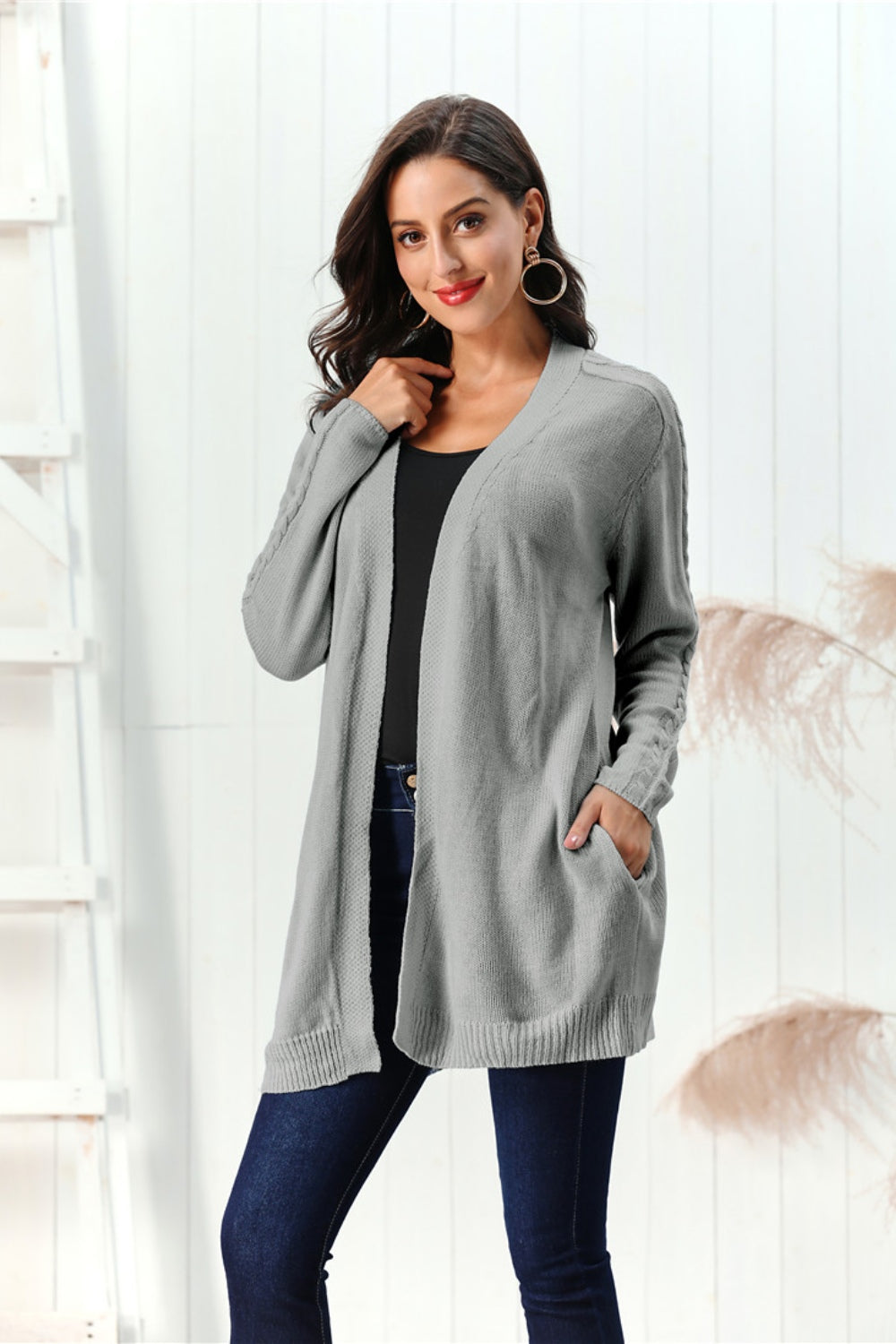 Cable-Knit Open Front Long Sleeve Cardigan Trandify Deal