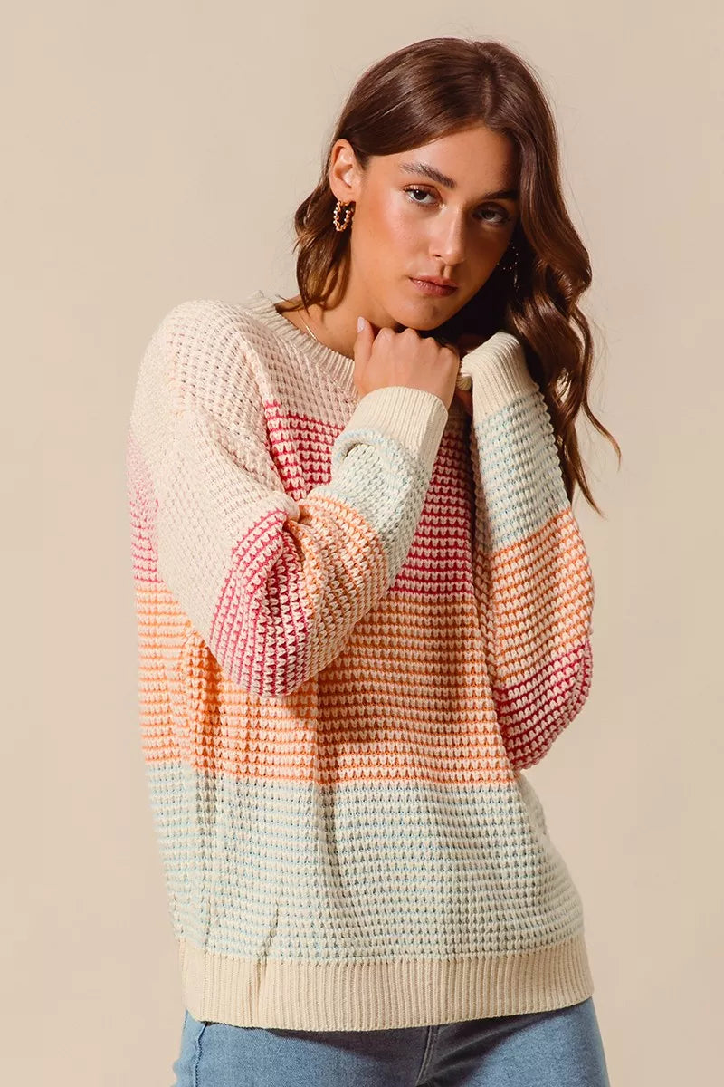 Color Block Waffle Knit Sweater - Women's Long Sleeve Top