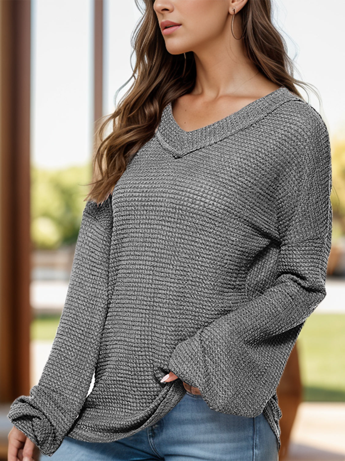 Dropped Shoulder Long Sleeve Knit Top Trandify Deal