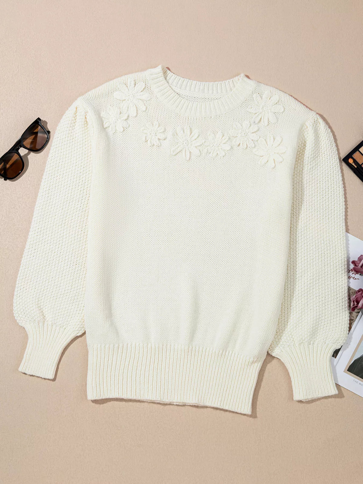 Floral Textured Puff Sleeve Sweater for Women | Trendy Top