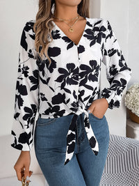 Printed V-Neck Long Sleeve Blouse Trandify deal