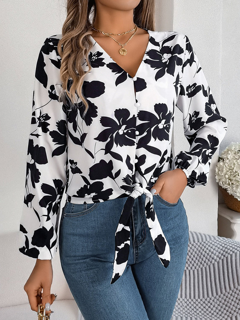Printed V-Neck Long Sleeve Blouse Trandify deal