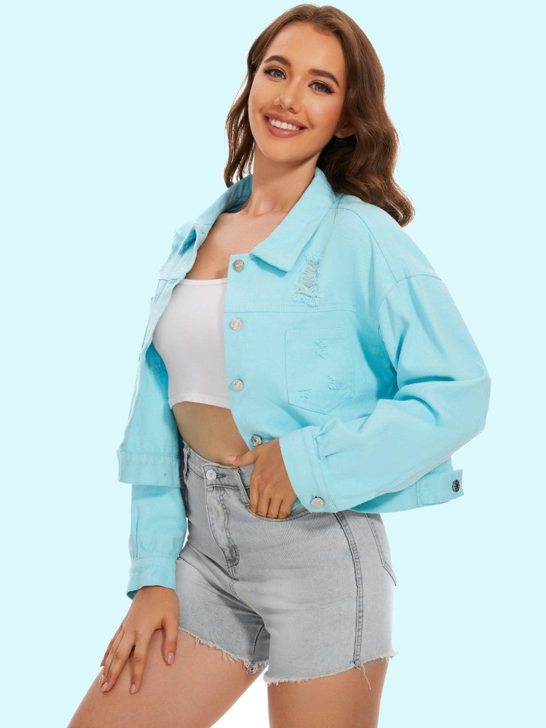 Distressed Distressed Button Up Denim Jacket Trandify deal