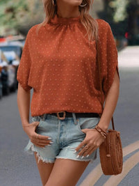 Swiss Dot Mock Neck Half Sleeve Blouse Trandify deal