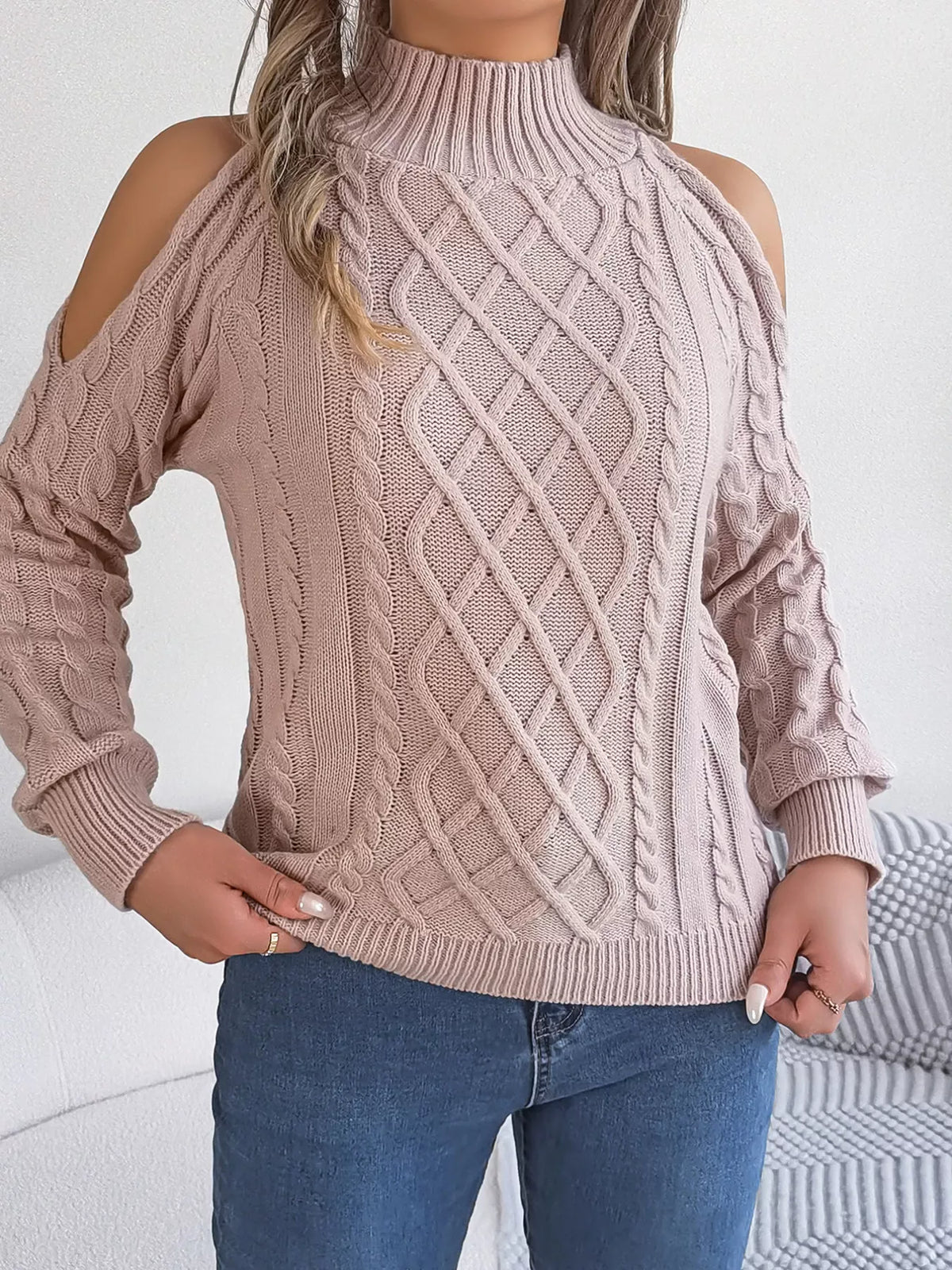 Women's Cold Shoulder Sweater | Cable Knit Turtleneck