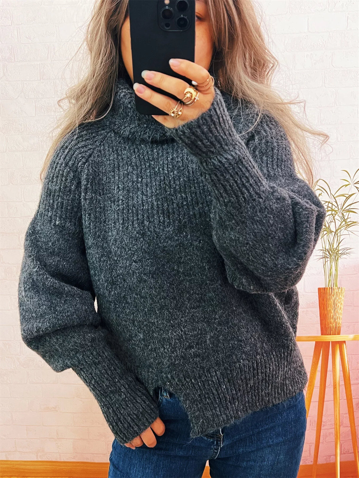 Women's Ribbed Turtleneck Sweater - Cozy Long Sleeve Top
