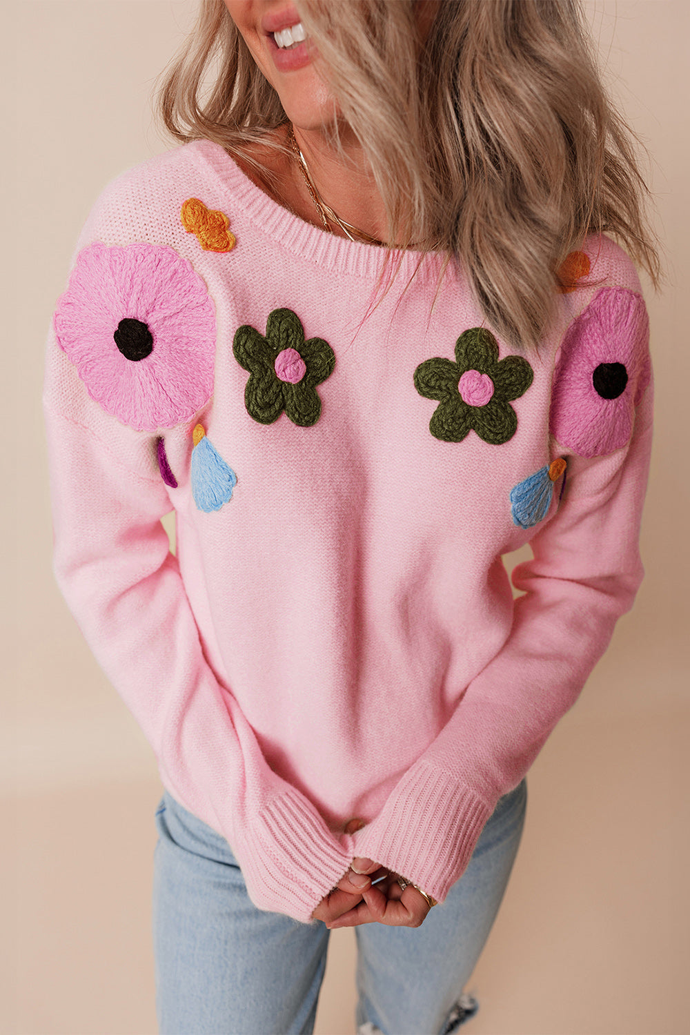 Crochet Flower Round Neck Dropped Shoulder Sweater Trandify Deal