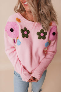 Crochet Flower Round Neck Dropped Shoulder Sweater Trandify Deal
