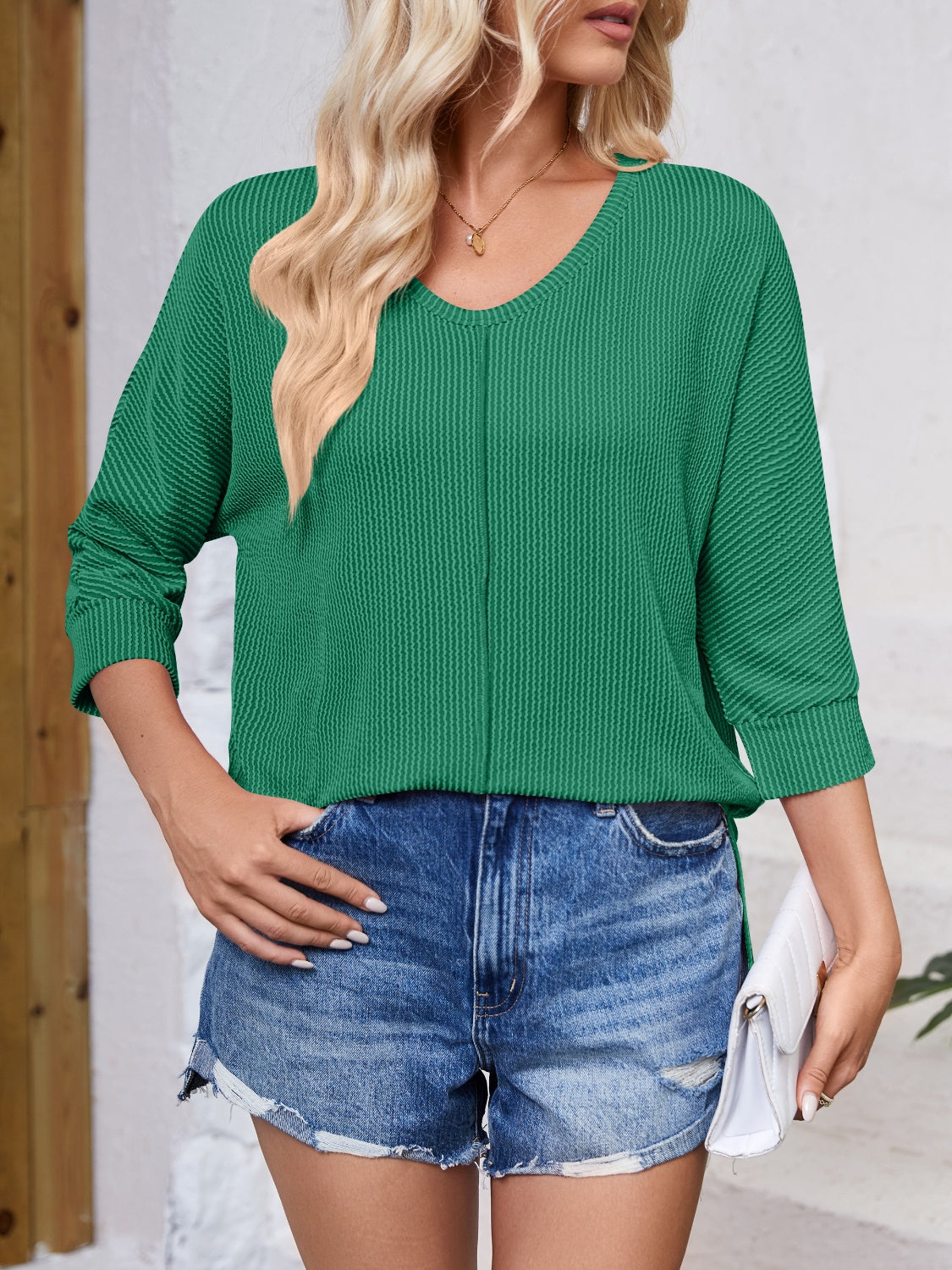 Lovelet Textured Round Neck Three-Quarter Sleeve Blouse Trandify deal