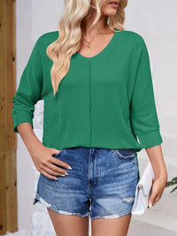 Lovelet Textured Round Neck Three-Quarter Sleeve Blouse Trandify deal