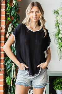 First Love Contrast Wavy Crochet Drop Shoulder Knit Top Trandify Deal