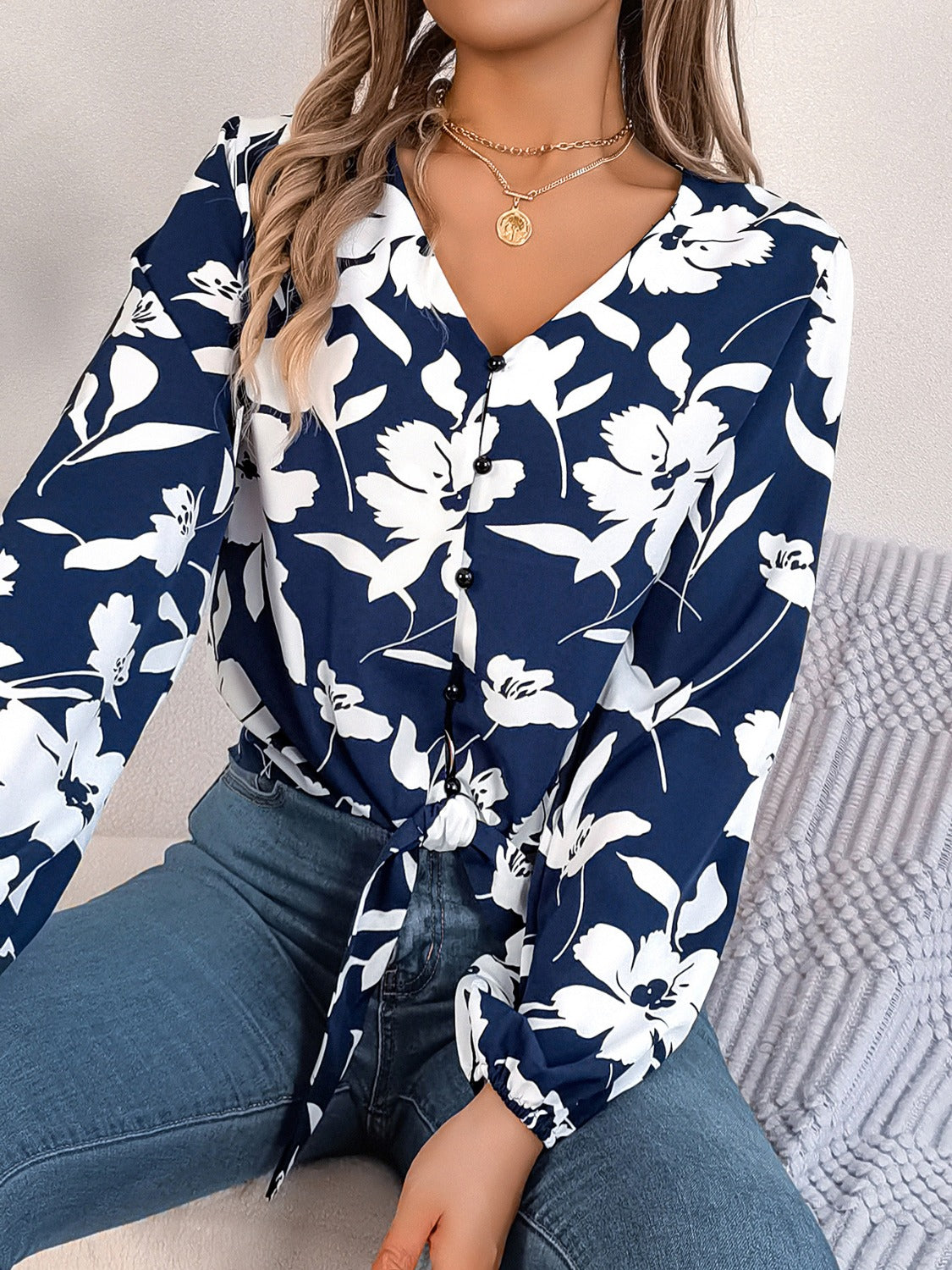 Printed V-Neck Long Sleeve Blouse Trandify deal