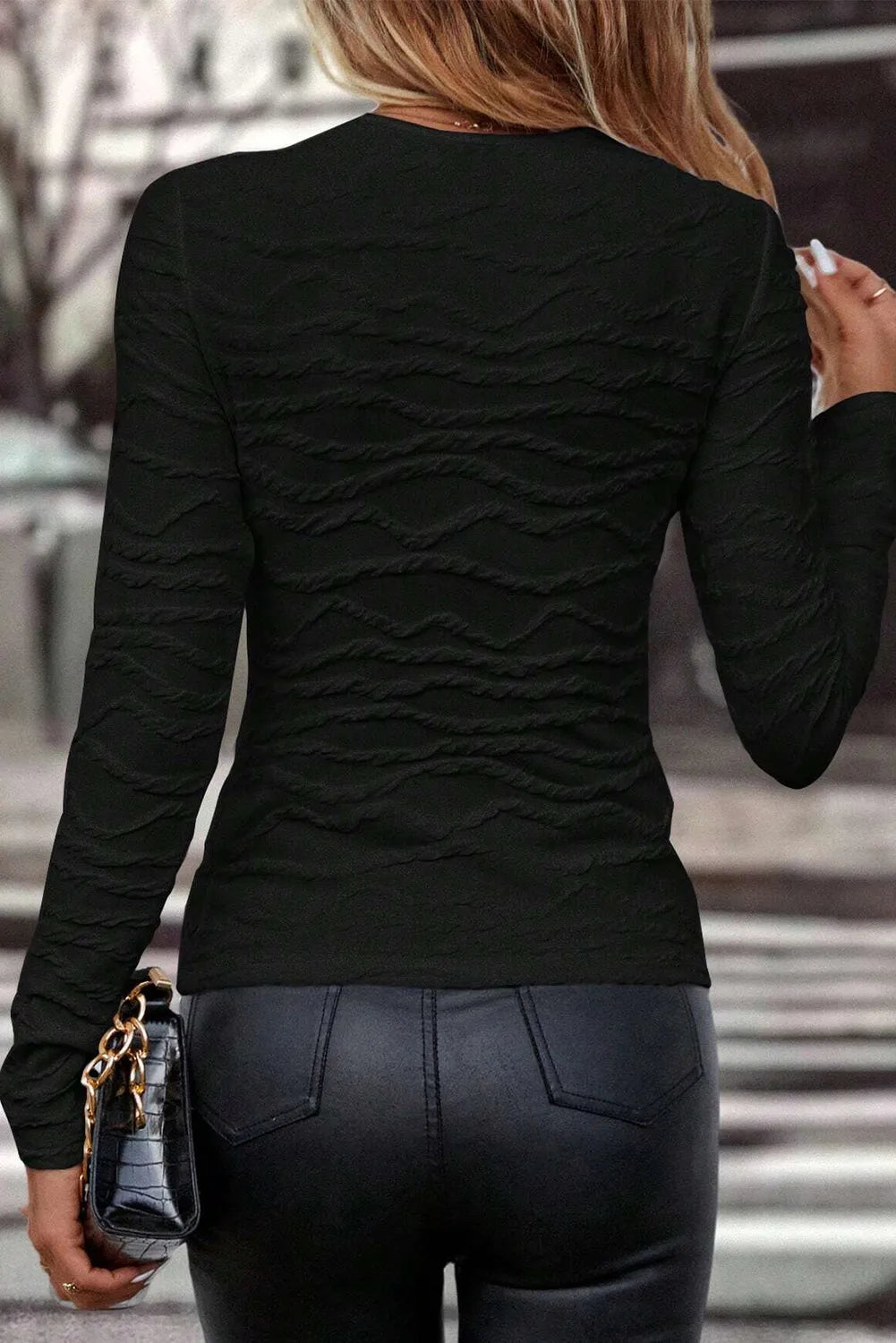 Textured Round Neck Long Sleeve Blouse - Trandify Deal