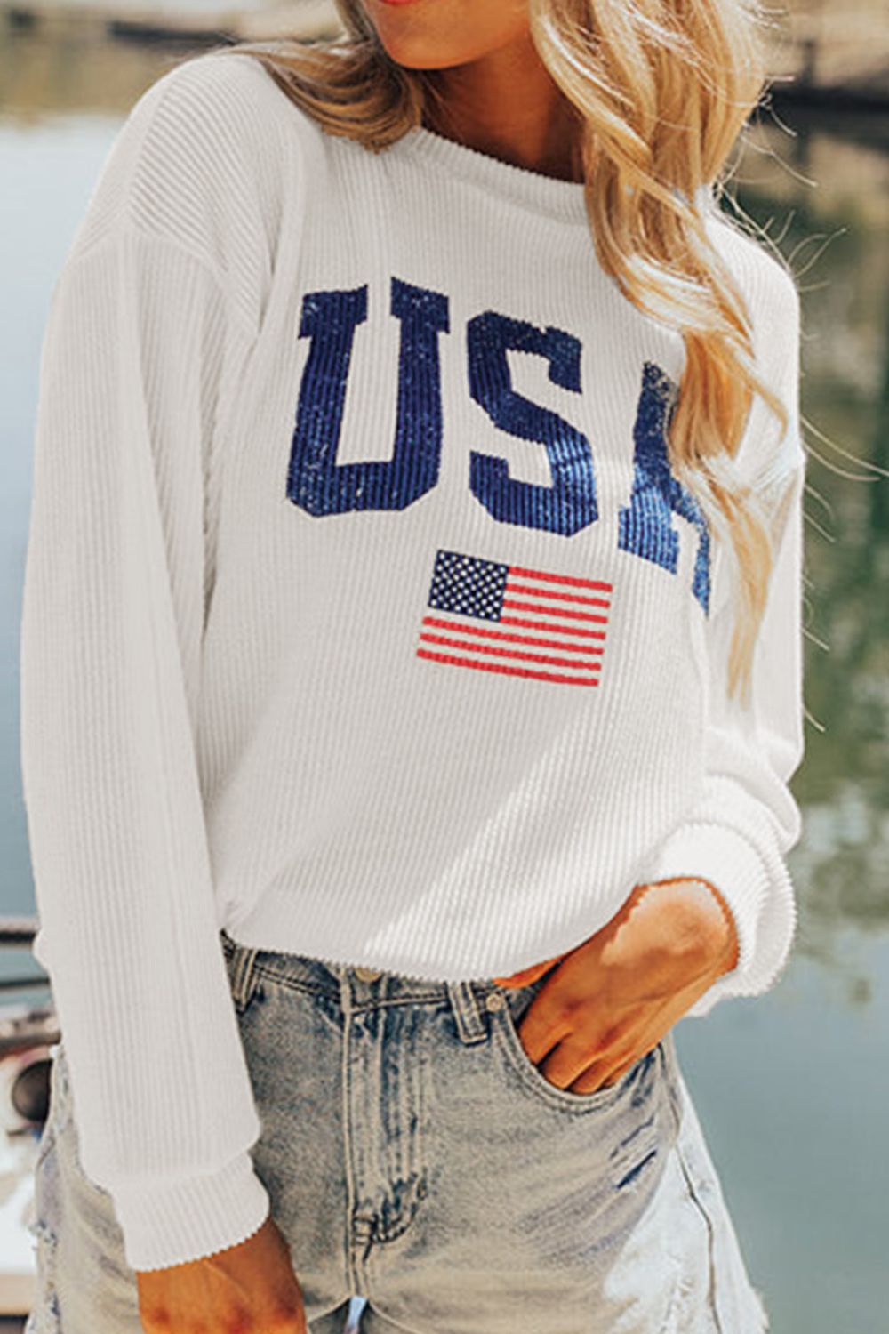US Flag Corded Long Sleeve Sweatshirt Trandify Deal